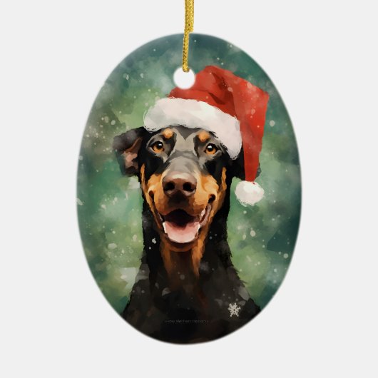 ドーバーマンクリスマスブ絵を描ラシのアートワーク セラミックオーナメント (正面)