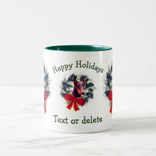 ドーバーマンクリスマスホリデパーソナライズされたー ツートーンマグカップ (中央)