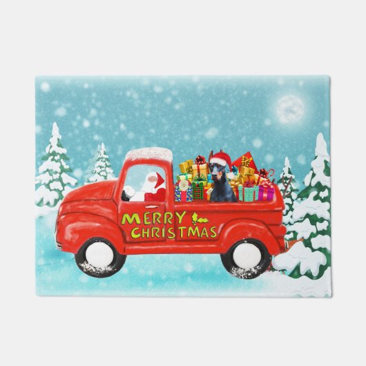 ドーバーマンドッグクリスマスサンタデリバリートラック ドアマット (正面)