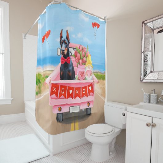 ドーバーマンドッグバレンタインズデイトラックハート シャワーカーテン (インサイチュ)