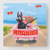 ドーバーマンドッグバレンタインズデイトラックハート スクエア壁時計 (正面)