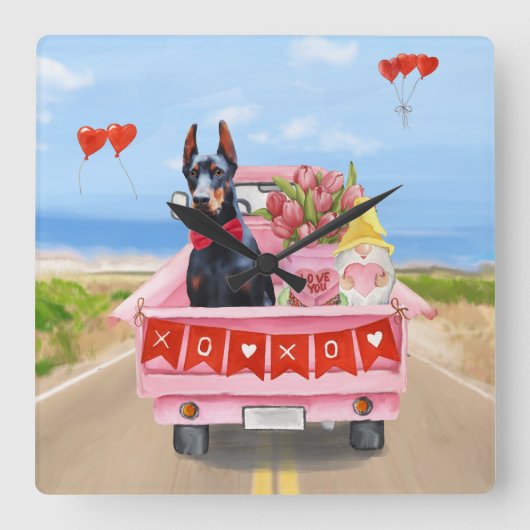 ドーバーマンドッグバレンタインズデイトラックハート スクエア壁時計 (正面)