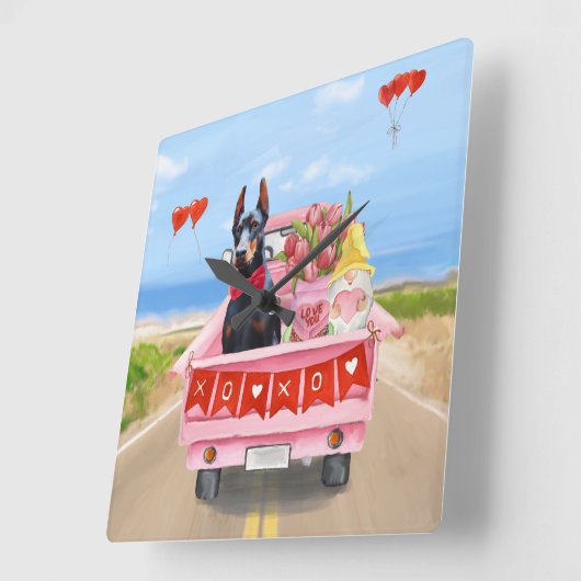 ドーバーマンドッグバレンタインズデイトラックハート スクエア壁時計 (傾斜)