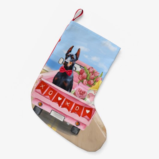 ドーバーマンドッグバレンタインズデイトラックハート スモールクリスマスストッキング (正面 (吊り時))