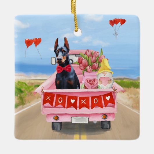 ドーバーマンドッグバレンタインズデイトラックハート セラミックオーナメント (正面)