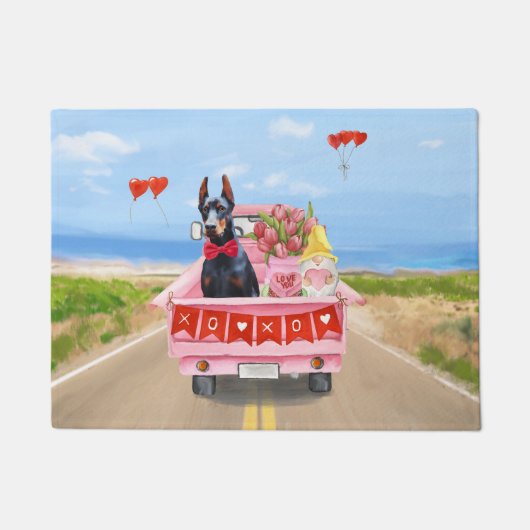 ドーバーマンドッグバレンタインズデイトラックハート ドアマット (正面)