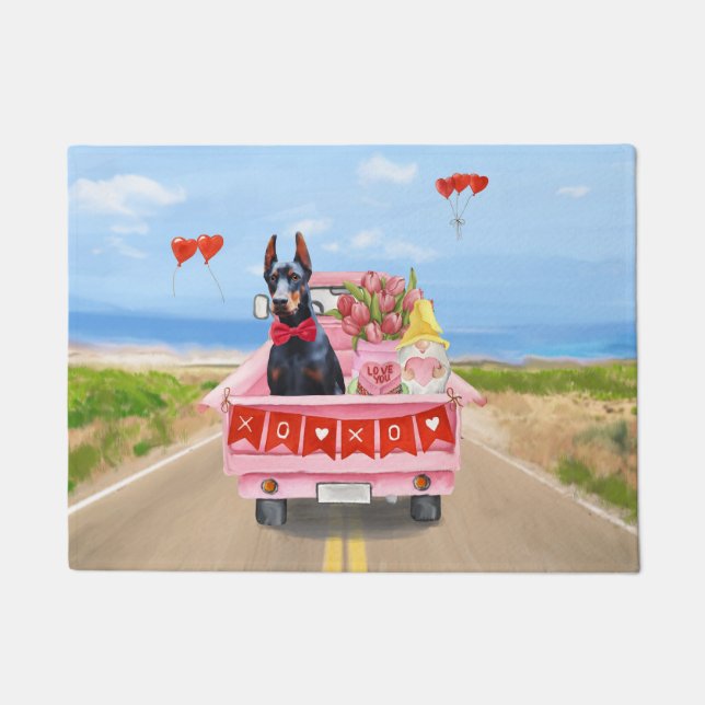 ドーバーマンドッグバレンタインズデイトラックハート ドアマット (正面)