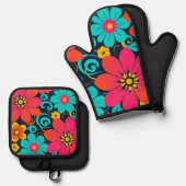 ドーパミンデコール – 明ファンキーるい花 – レトロ 鍋つかみ&鍋敷きセット (正面/裏面)