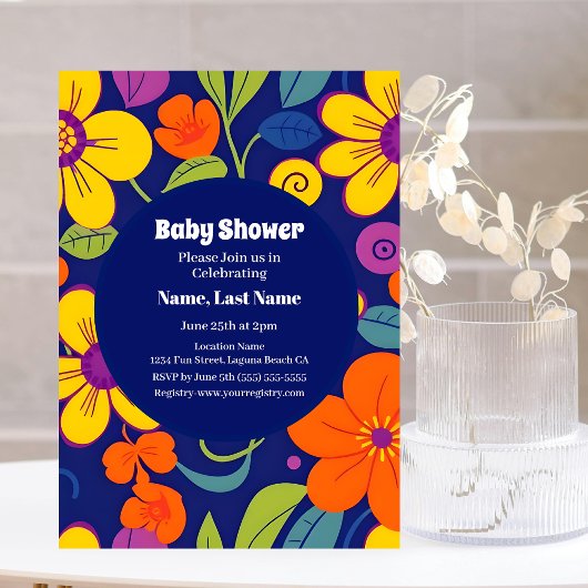 ドーパミンベビーブリスはっきりした-レトロカラフル花模様 招待状