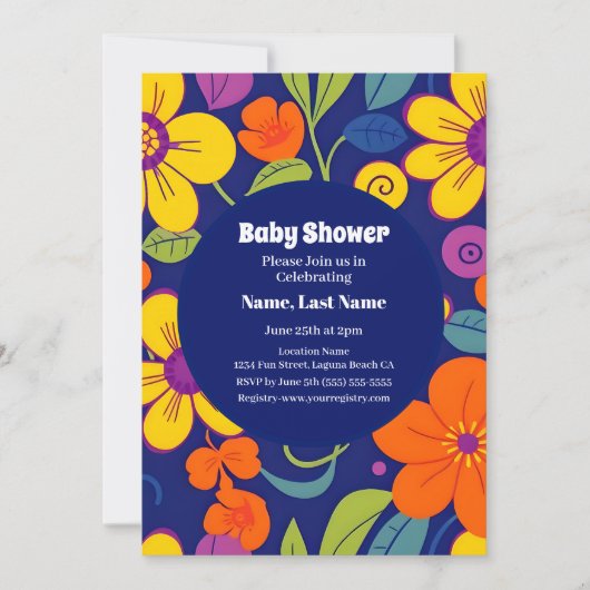 ドーパミンベビーブリスはっきりした-レトロカラフル花模様 招待状 (正面)