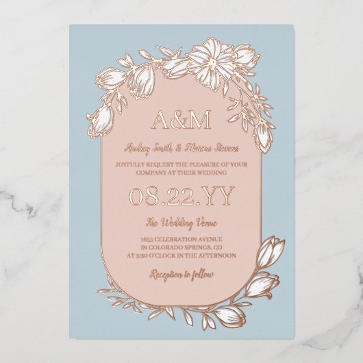 ドーブブルーバラ金ゴールドホワイトフローラフ結婚レーム 箔招待状 (正面)