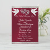 ドーブ、ハート&リボン、QRコード – Burgundy/Silver 招待状 (スタンド正面)
