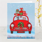 ドーベルマン犬がサンタクロースと一緒に車に乗っている カード (黄色い花)