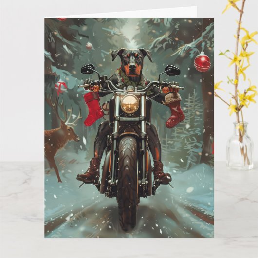 ドーベルマン犬がバイクに乗るクリスマス カード (黄色い花)