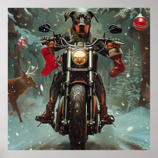 ドーベルマン犬がバイクに乗るクリスマス ポスター (正面)