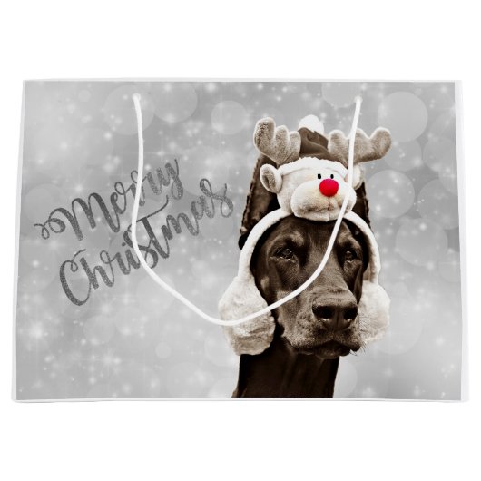 ドーベルマン犬のクリスマスのポートレート ラージペーパーバッグ (正面)