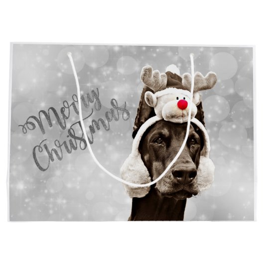 ドーベルマン犬のクリスマスのポートレート ラージペーパーバッグ (裏面)