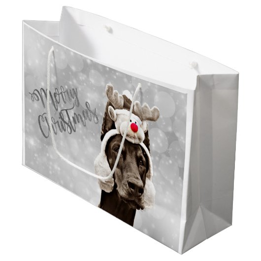 ドーベルマン犬のクリスマスのポートレート ラージペーパーバッグ (正面アングル)