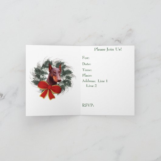 ドーベルマン犬のクリスマスの休日のパーティの招待状 招待状 (内部)