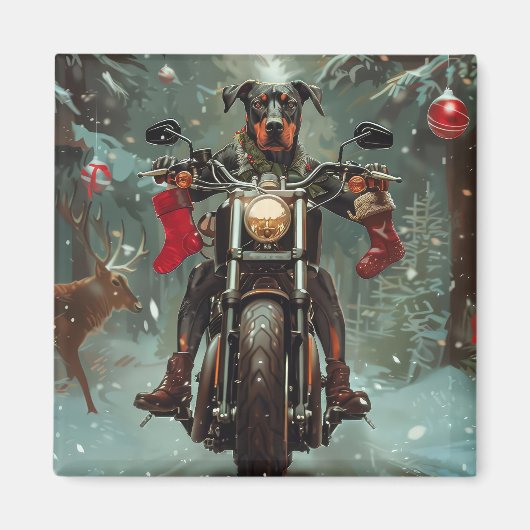 ドーベルマン犬のバイククリスマス マグネット (正面)