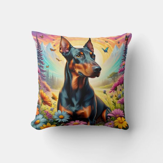 ドーベルマン犬、花と山の風景 クッション (正面)