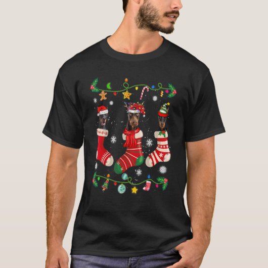 ドーベルマン クリスマス ソックス イヌ Tシャツ (正面)