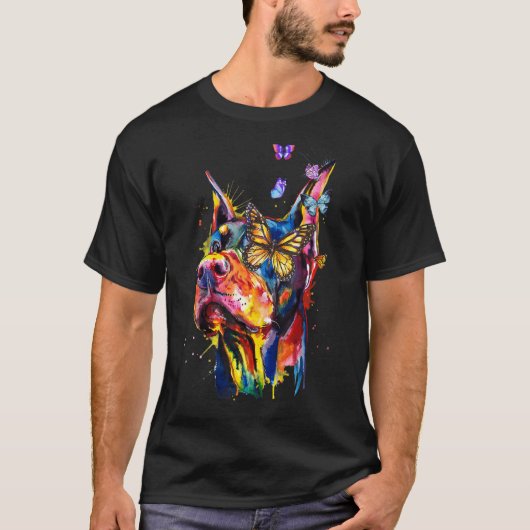 ドーベルマン スプラッシュ バタフライ 犬 Tシャツ (正面)