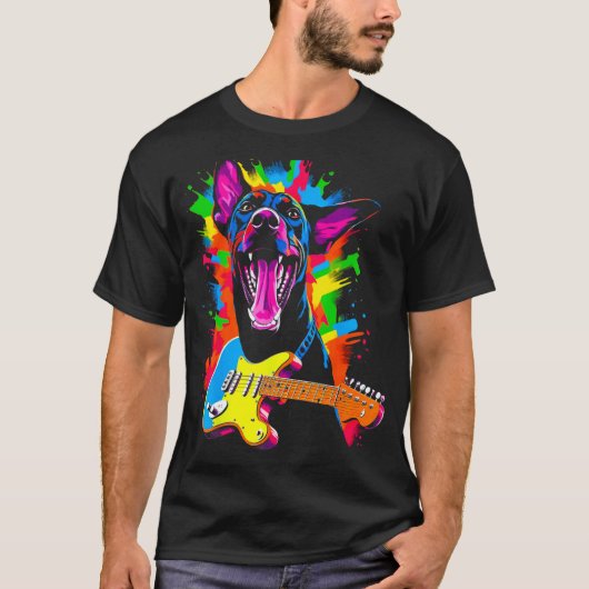 ドーベルマン・ピンシャー ギタリスト 犬 Tシャツ (正面)