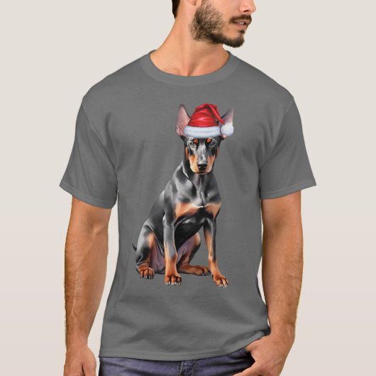 ドーベルマン・ピンシャー クリスマスの犬の休日の面白いデザイン Tシャツ (正面)