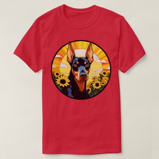 ドーベルマン ピンシャー 花 夕焼け かわいい カラフルな子犬 Tシャツ (デザイン正面)
