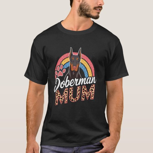 ドーベルマン ママ 母 犬 レインボー ヒョウ柄 Tシャツ (正面)
