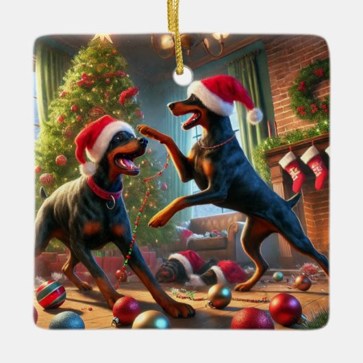 ドーベルマン（犬）クリスマスおもしろい セラミックオーナメント (正面)