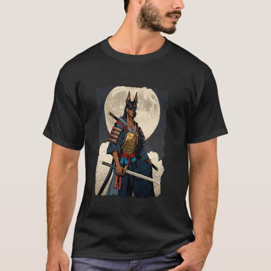 ドーベルマン 犬 サムライ 和風 レトロ 浮世絵 戦士 Tシャツ (正面)