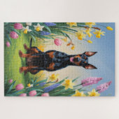 ドーベルマン 犬 春の花 絵画 ジグソーパズル (横)