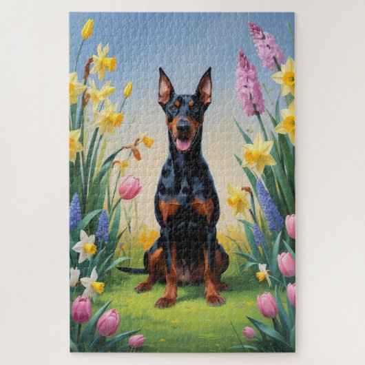 ドーベルマン 犬 春の花 絵画 ジグソーパズル (縦)
