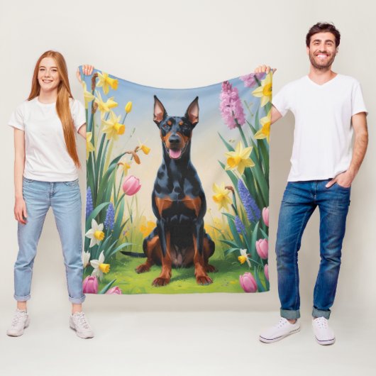 ドーベルマン 犬 春の花 絵画 フリースブランケット (インサイチュ)