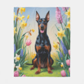 ドーベルマン 犬 春の花 絵画 フリースブランケット (正面)