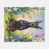 ドーベルマン 犬 春の花 絵画 フリースブランケット (正面(横))