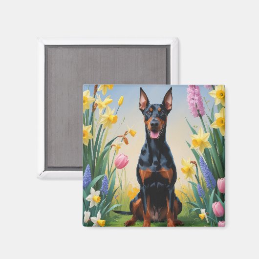 ドーベルマン 犬 春の花 絵画 マグネット (正面/裏面)