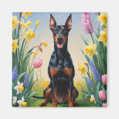 ドーベルマン 犬 春の花 絵画 マグネット (正面)