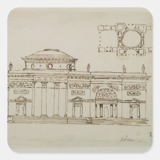 ドーム型建物（ペンとインク）のスケッチデザイン スクエアシール (正面)