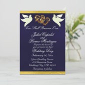 ドーム、ハート、リボン、QRコード – ネイビーブルー/金ゴールド 招待状 (スタンド正面)