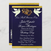 ドーム、ハート、リボン、QRコード – ネイビーブルー/金ゴールド 招待状 (正面/裏面)