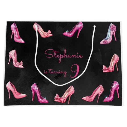 ドールピンクのハイヒールシューズの女の子の誕生日パーティー ラージペーパーバッグ (正面)