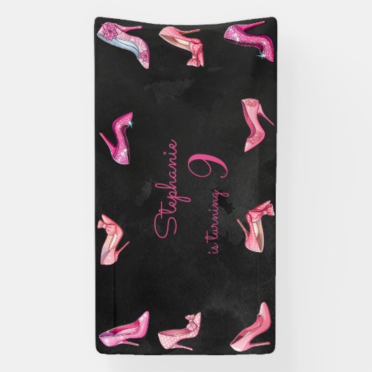 ドールピンクのハイヒールシューズの女の子の誕生日パーティー 横断幕 (縦)