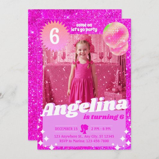 ドールピンクギルター招待状誕生日パーティー シーズンカード (正面/裏面)