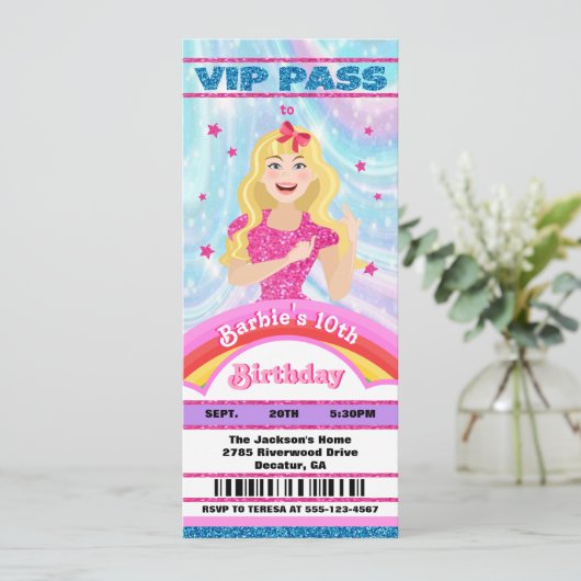 ドールピンクグリッタームービースターVIPチケット誕生日 招待状 (スタンド正面)