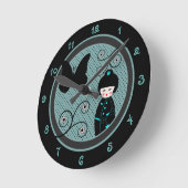 ドールブラック日本のとブルーの水玉模様 ラウンド壁時計 (傾斜)