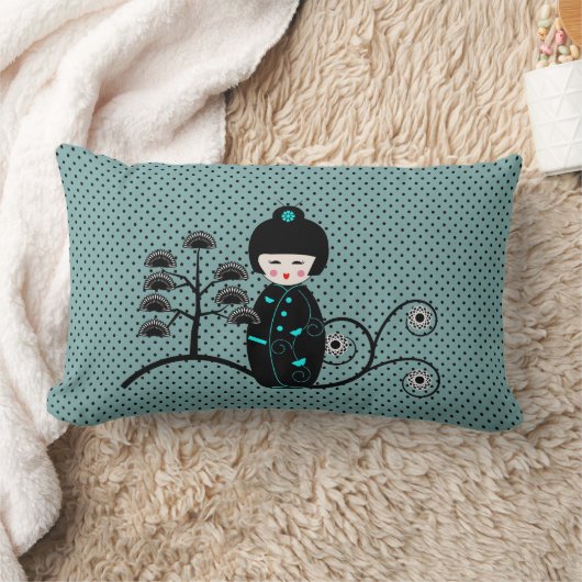 ドールブラック日本のとブルーの水玉模様 ランバークッション (ブランケット)