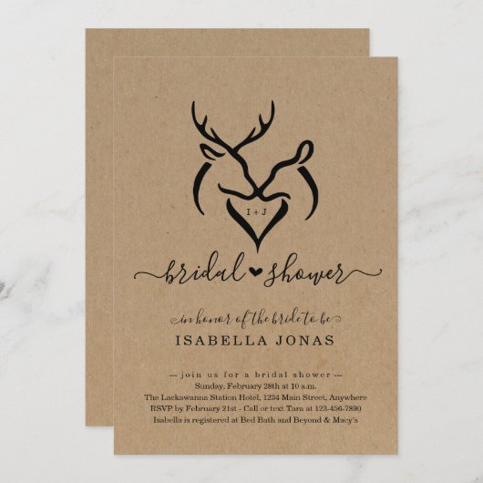 ド素朴ー&ディアー〔雄ジカの〕枝角ハートブライダルシャワー 招待状 (正面/裏面)
